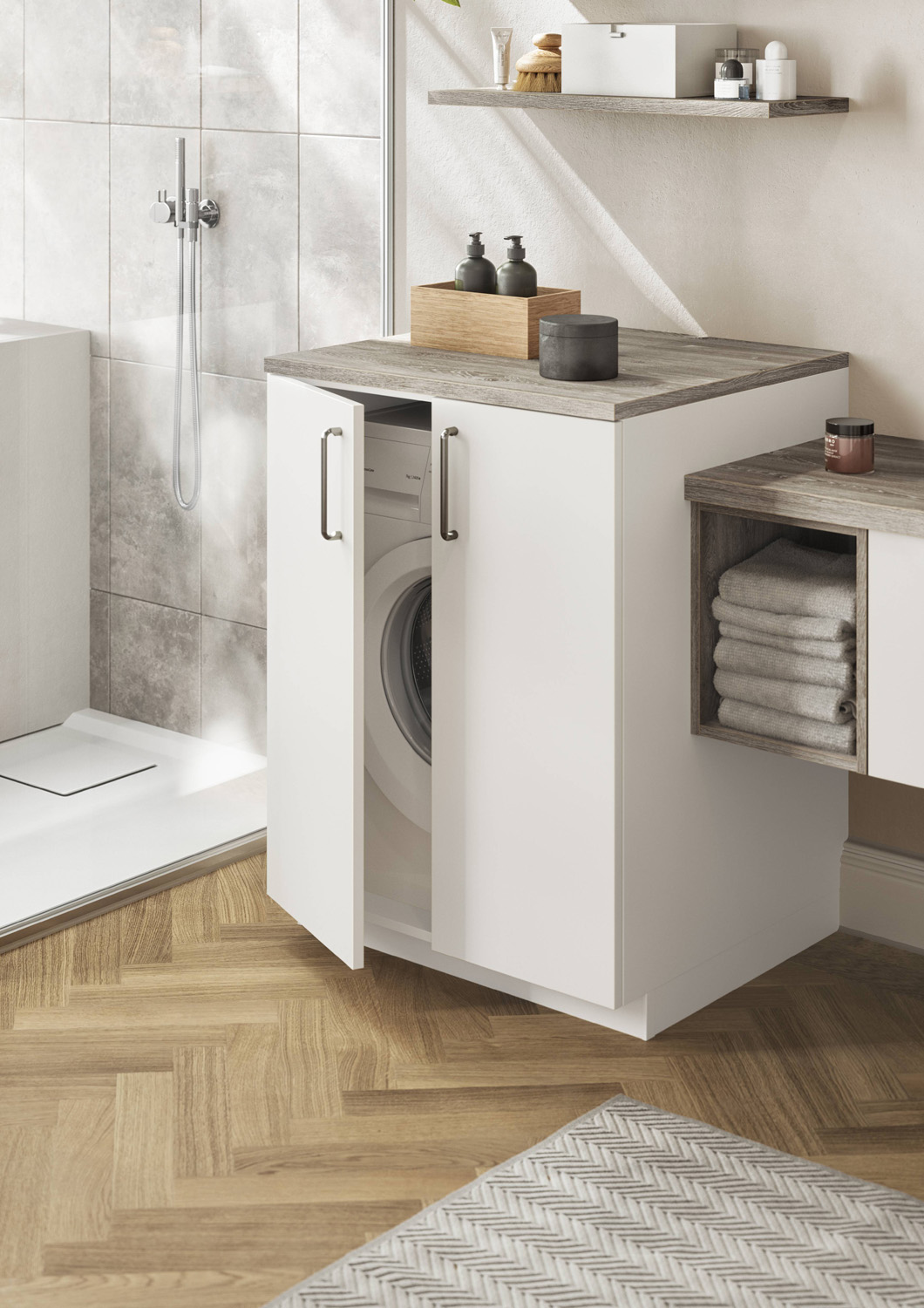 Aménagement de buanderie fonctionnelle avec rangements sur mesure et intégration lave linge