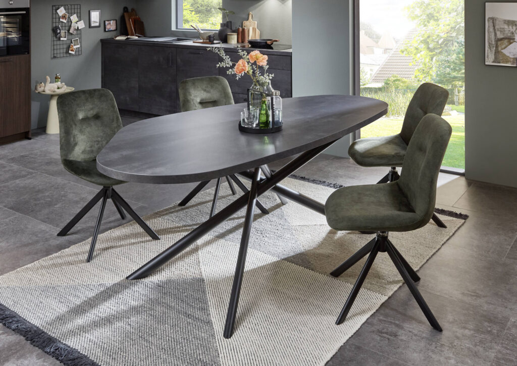 Table de salle à manger design avec plateau effet pierre et chaises assorties