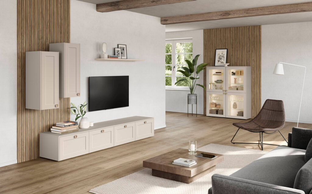 Salon contemporain avec mobilier sur mesure et panneaux muraux en bois
